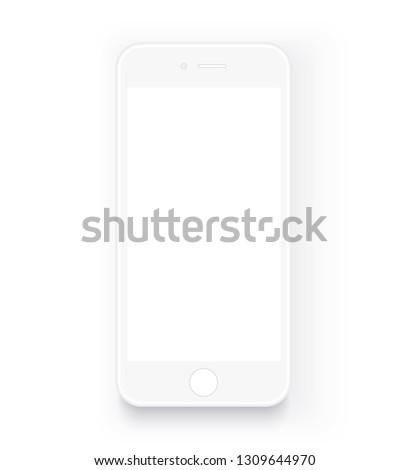Realistic white mobile phone. Illustration smartphone. Mockup with blank screen isolated on background. Use to represent your design. Game, site and application mockup. Vector. Simplified layout.