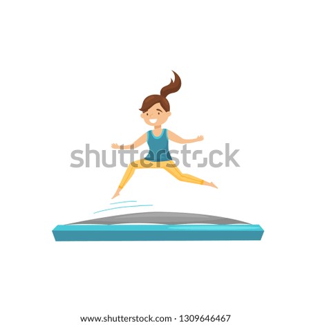 Cartoon brunette girl jumping on trampoline. Children leisure. Active recreation. Flat vector design