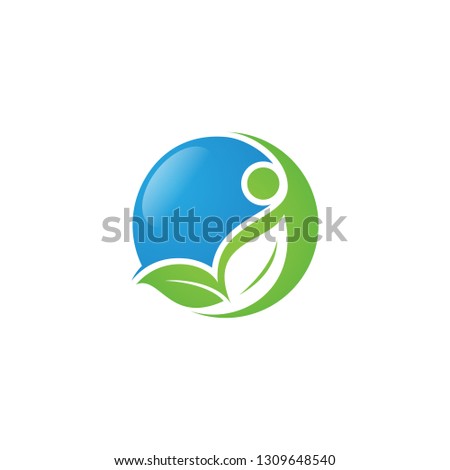 Round health human vector logo concept illustration with leaf and people. Human character logo sign. 