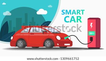 Mock up popular car. Station fast charging electro car. Concept eco car on the background of trees and city, can use for landing page, template, ui, web, mobile app, poster, banner, flyer - vector