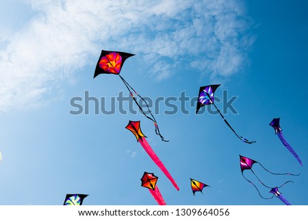 Kites with blue sky and white clouds Royalty-Free Stock Photo #1309664056