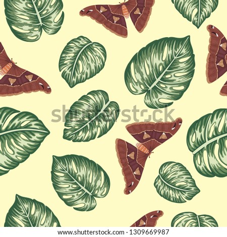 Vector seamless pattern of green monstera leaves with butterflies on yellow background. Vintage repeat tropical backdrop. Exotic jungle wallpaper