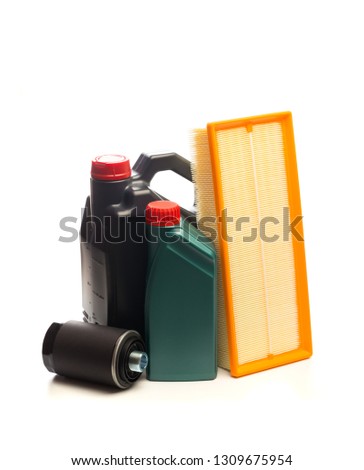 car parts, Maintenance, machine oil, oil filter, air filter isolated on white 