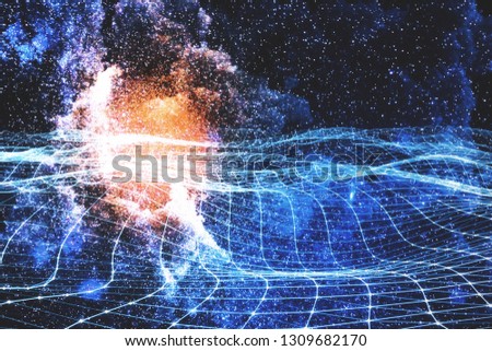 Glowing digital grid on abstract starry sky space background. Future and innovation concept. Double exposure 