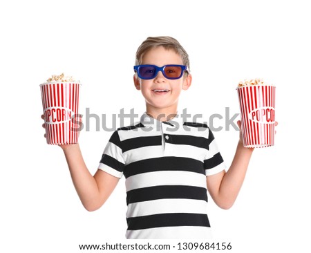 Cute boy in 3D glasses with popcorn buckets isolated on white