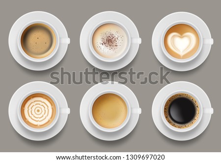 Coffee mug top view. Cappuccino espresso latte milk brown coffee vector realistic template Royalty-Free Stock Photo #1309697020
