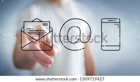 Businessman on blurred background using thin line contact icon