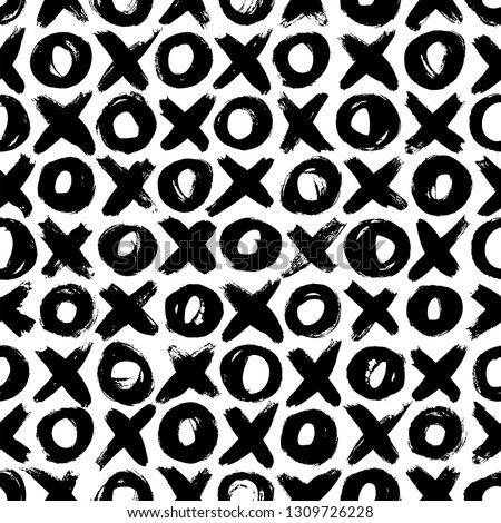 Noughts and crosses hand drawn seamless pattern. Tile X O ink brush texture. Black paint dry brushstrokes drawing. Tic tac toe grunge background design. Geometric wrapping paper, textile vector fill.