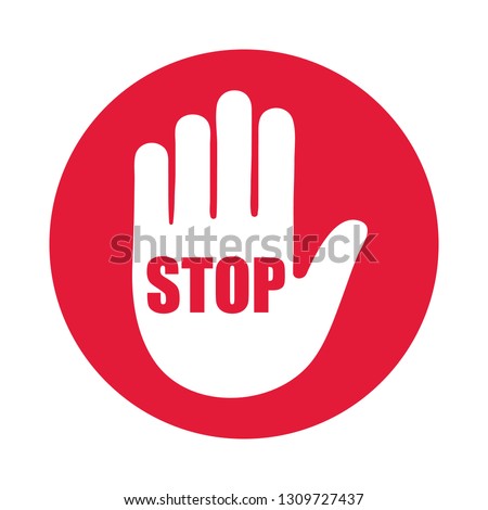 Stop road sign. Prohibited warning icon. Palm in red octagon. Road stop sign with hand isolated on white background. Glossy effect. Vector.