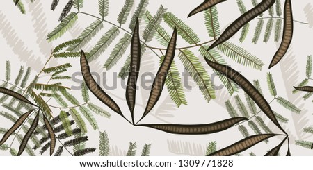 Minimalistic floral pattern. Illustration of forest plants. Green leaves and fruits on a light background.