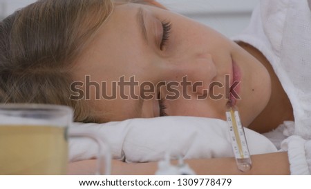 Sick Child in Bed, Ill Kid with Thermometer, Suffering Girl, Pills Medicine