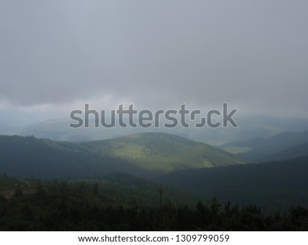 Mountains and green hills in the fog on the top of Hoverla in the Carpathians	

