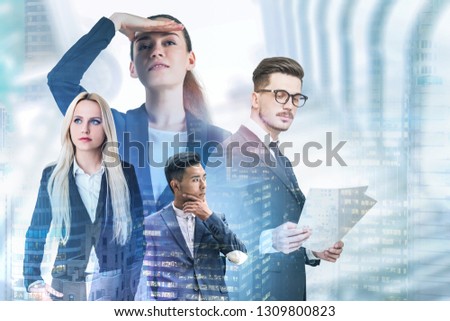 Businesswoman looking forward, serious blonde businesswoman, businessman reading document and thoughtful Asian business leader standing together over skyscraper background. Toned image double exposure