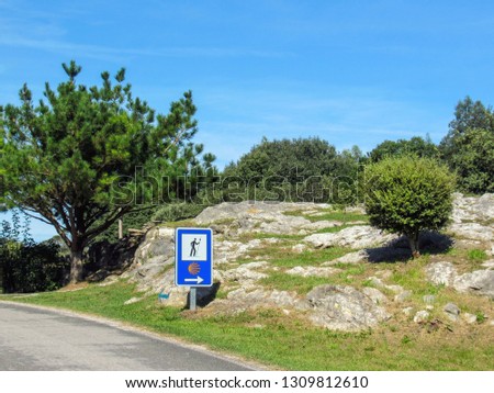 Road sign for pilgrims in Asturias, along the coastal Camino de Santiago, Northern St. James Way, Spain