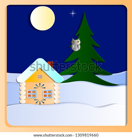 Winter landscape. House, moon and owl on the tree. Vector pattern paper, layered look.