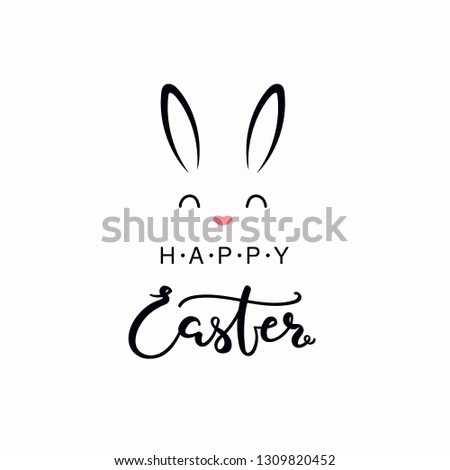 Hand written calligraphic lettering quote Happy Easter, with bunny face. Isolated objects on white background. Hand drawn vector illustration. Design concept, element for card, banner, invitation.
