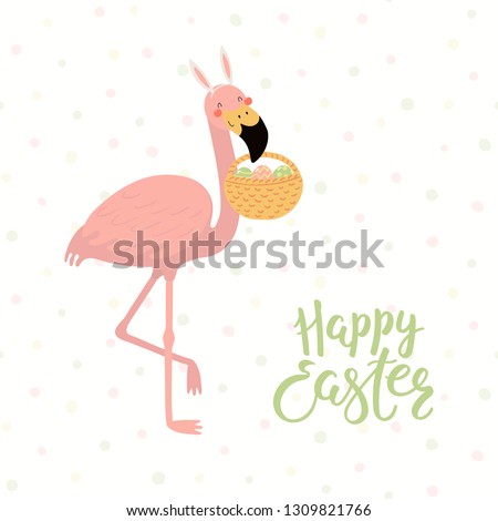Hand drawn vector illustration of cute flamingo in bunny ears, with basket, eggs, text Happy Easter. Isolated objects on white background. Scandinavian style flat design. Concept for kids print, card.