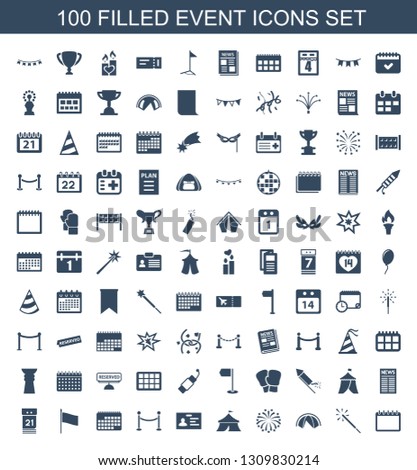 event icons. Trendy 100 event icons. Contain icons such as calendar, sparkler, tent, fireworks, circus, badge, Red carpet barrier, flag, calendar date. event icon for web and mobile.