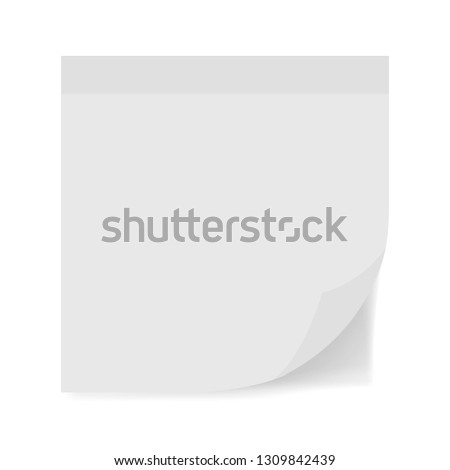 White sticky note with turned up corner isolated on white background. Light from the left.