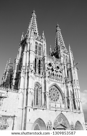 Burgos Cathedral, Gothic church in Spain. Black and white.
