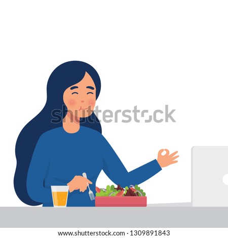 vector illustration young worker eat salad in her office, healthy lifestyle illustration of woman eat raw vegetables for lunch Royalty-Free Stock Photo #1309891843