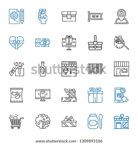 shopping icons set. Collection of shopping with store, products, gifts, shopping cart, online gift, online shop, barcode, basket. Editable and scalable icons.