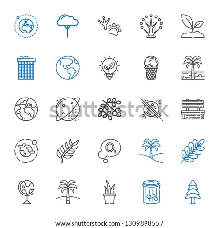 ecology icons set. Collection of ecology with pine, trash, plant, palm tree, earth globe, branch, ozone, environment, bench, planet, viburnum. Editable and scalable ecology icons.
