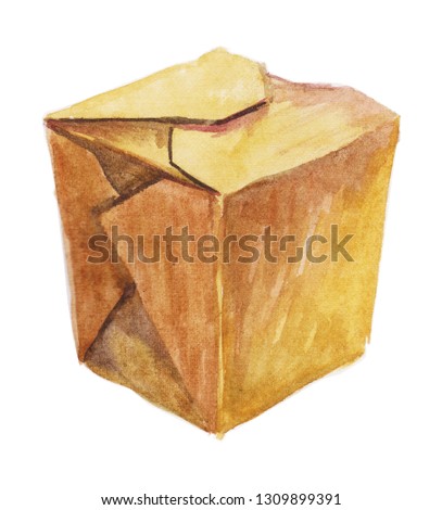 Watercolor illustration noodle box. Chinese food, Wok rice. Closed brown box 