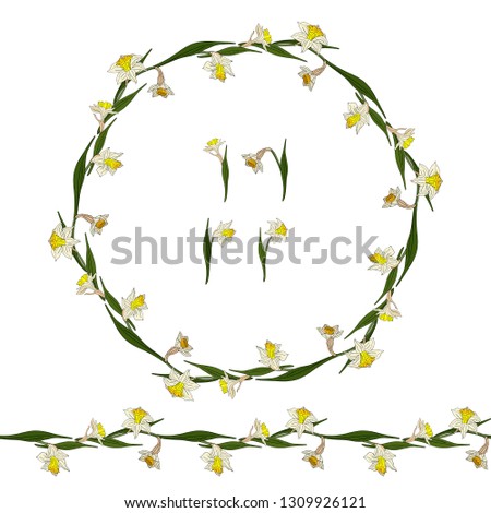 Set with white daffodils. Round frame, endless horizontal border and elements on white background. Romantic floral elements for season greeting cards, posters, advertisement
