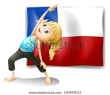 Illustration of a girl stretching in front of a flag on a white background