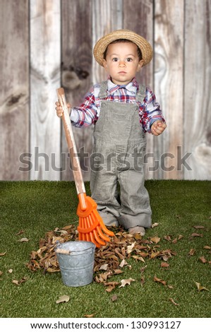little baby boy gardener with a rake