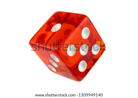 Red glass dice closeup isolated on white without shadow. Royalty-Free Stock Photo #1309949140