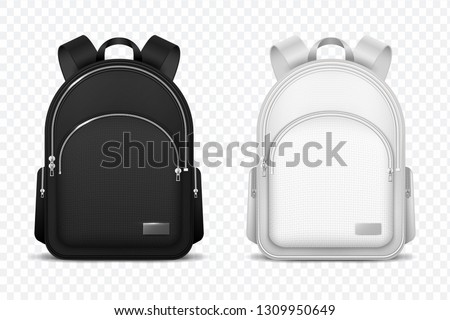 School backpack. Black and white rucksack. Front view travel bag. 3d vector mockup isolated Royalty-Free Stock Photo #1309950649