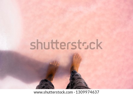 First person picture of feet standing in beautiful pink lake Hillier, WA (western australia) Royalty-Free Stock Photo #1309974637