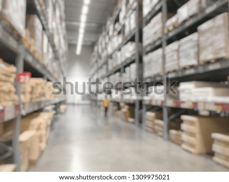 Blurred image of People or beautiful business woman customer shopping with flatbed cart at furniture and buy home accessories for house in warehouse or distribution storehouse with Shelf.