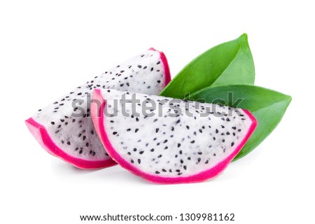 slice of Ripe Dragon fruit, Pitaya or Pitahaya isolated on white background, fruit healthy concept