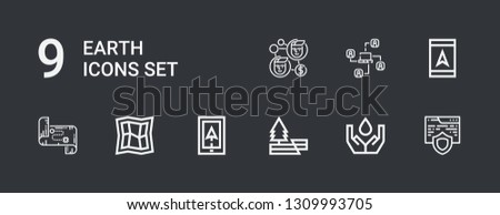 Editable 9 earth icons for web and mobile. Set of earth included icons line Website, Ecology, Earthquake, Navigation, Map, Gps, Network, Contact on dark background