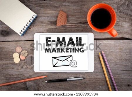 E mail marketing, Business Plan concept. Text and icon on tablet computer