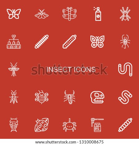 Editable 22 insect icons for web and mobile. Set of insect included icons line Butterfly, Moth, Insecticide, Tarantula, Hive, Centipede, Caterpillar, Scorpion on red background