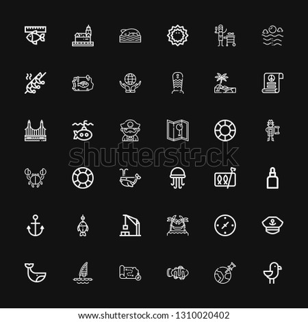 Editable 36 ocean icons for web and mobile. Set of ocean included icons line Seagull, World, Clown fish, Map, Windsurf, Whale, Captain, Cardinal points, Hammocks on black background