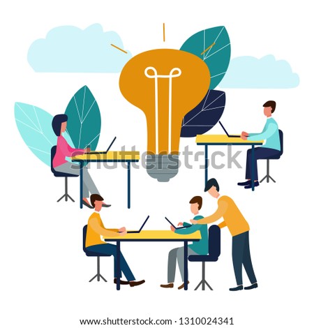 Vector illustration, online assistant at work. Promotion in the network. Search for new ideological solutions, teamwork in a company, brainstorming.