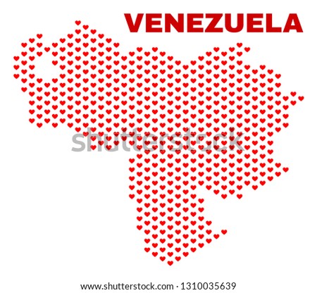 Mosaic Venezuela map of love hearts in red color isolated on a white background. Regular red heart pattern in shape of Venezuela map. Abstract design for Valentine illustrations.