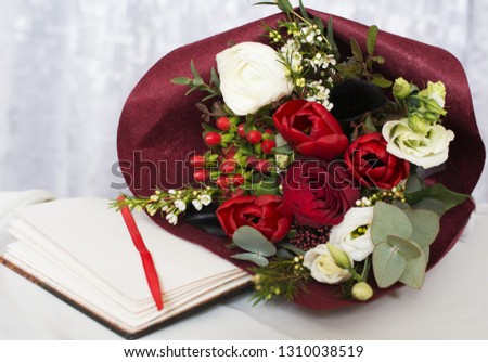 Greeting card with blank notebook page mock up, red and white flowers on white background. Creative concept, copyspace, place for text. Horizontal - Image 