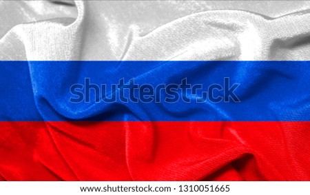 Realistic flag of Russia on the wavy surface of fabric