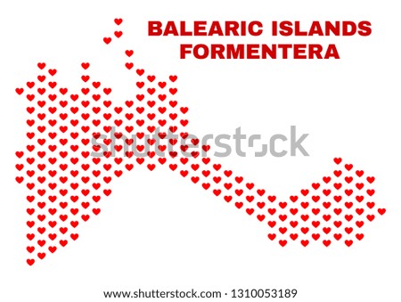 Mosaic Formentera Island map of valentine hearts in red color isolated on a white background. Regular red heart pattern in shape of Formentera Island map. Abstract design for Valentine illustrations.