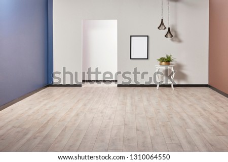 Blue and white room concept, empty room, parquet floor and frame decoration with home object and lamp.