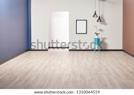 Blue and white room concept, empty room, parquet floor and frame decoration with home object and lamp.