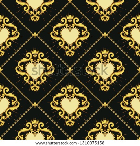 Sacred heart and golden chain on dark brown background. Seamless pattern. Vector illustration.