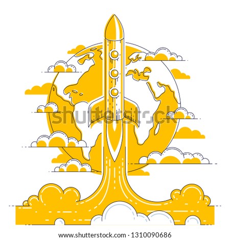 Rocket launch over planet earth into undiscovered space. Explore universe, breathtaking space science. Thin line 3d vector illustration isolated on white.