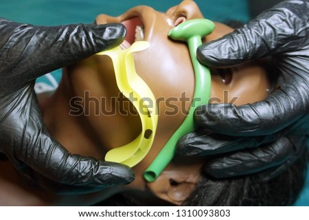  measurement of nasopharyngeal and Oropharyngeal Airway tubes by stuff in a black gloves on a simulation mannequin dummy during medical training. ACLS. Medical manipulation for airway management.      Royalty-Free Stock Photo #1310093803